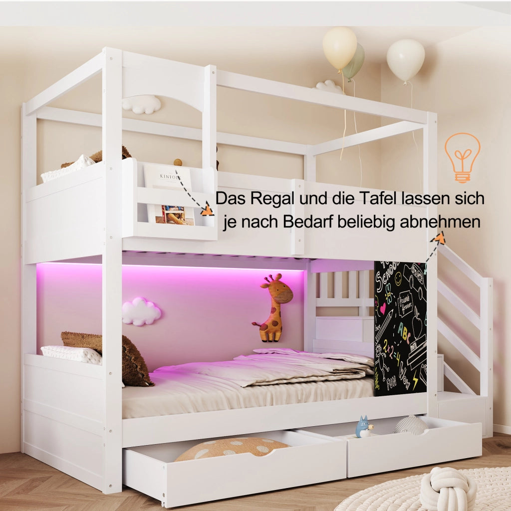 Letto a castello per bambini a forma di casa con lavagna, scala e cassetti, 90x200 cm, bianco