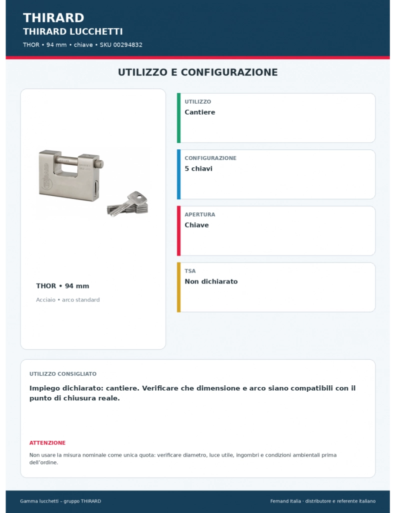 Lucchetto monoblocco THOR 94 mm in acciaio temprato, 5 chiavi reversibili – THIRARD