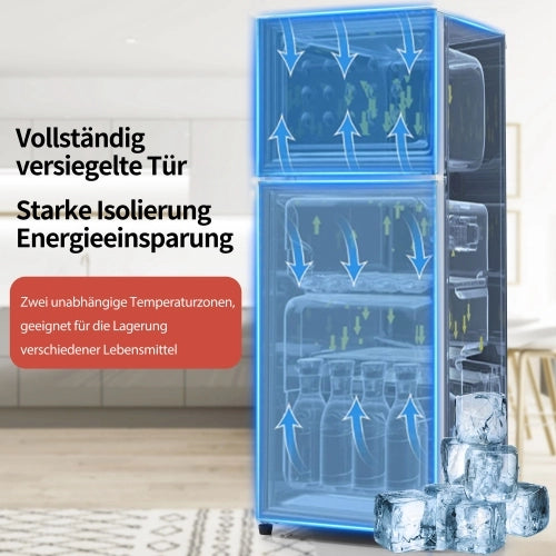 Frigorifero retrò; frigorifero congelatore; doppia porta; volume totale 92L; congelatore 28L; mensole alle porte; scaffali in vetro; luce LED; efficiente energetico; rosso