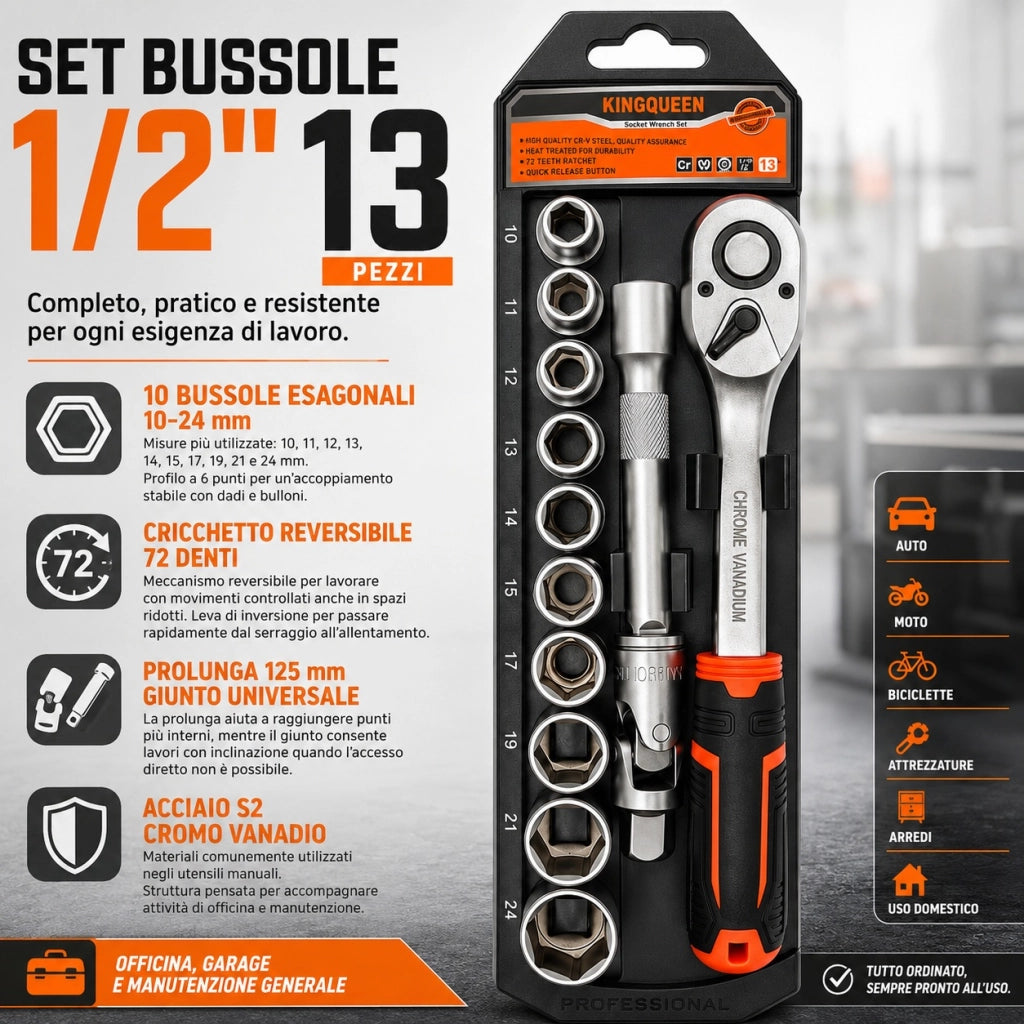 Set Chiave a Bussola  1/2" 13 Pezzi con Cricchetto Prolunga Da 10 a 24 WIB-193