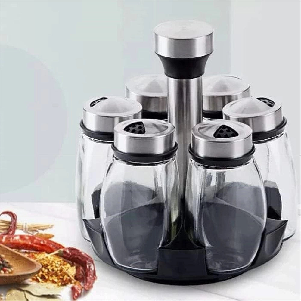 Trade Shop - Portaspezie Girevole Con 6 Barattoli In Vetro Tappi Spargispezie Organizer Cucina -