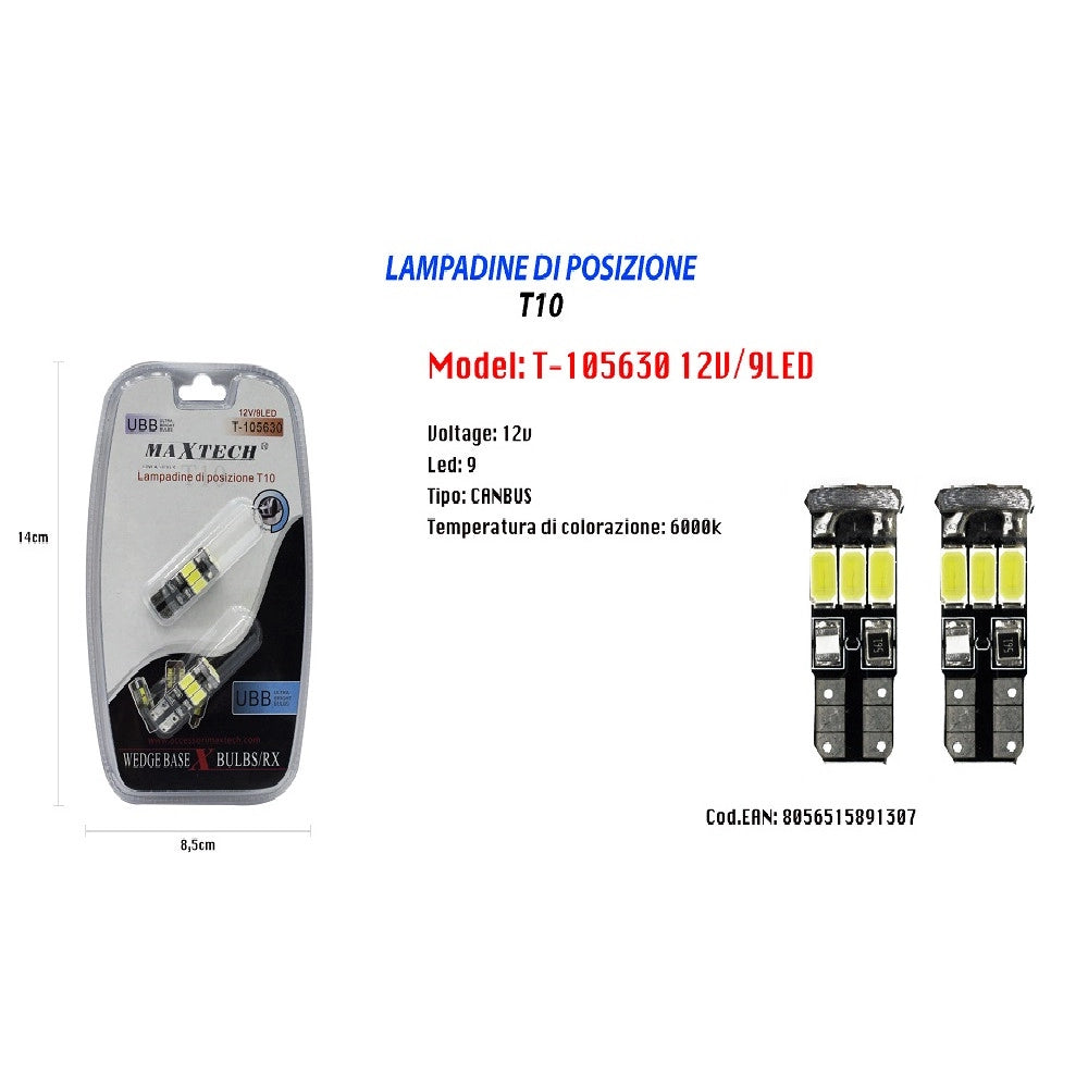 Trade Shop - Lampadine Di Posizione T10 Maxtech T-105630 12v 9led Canbus Ultra Luminose 6000k -