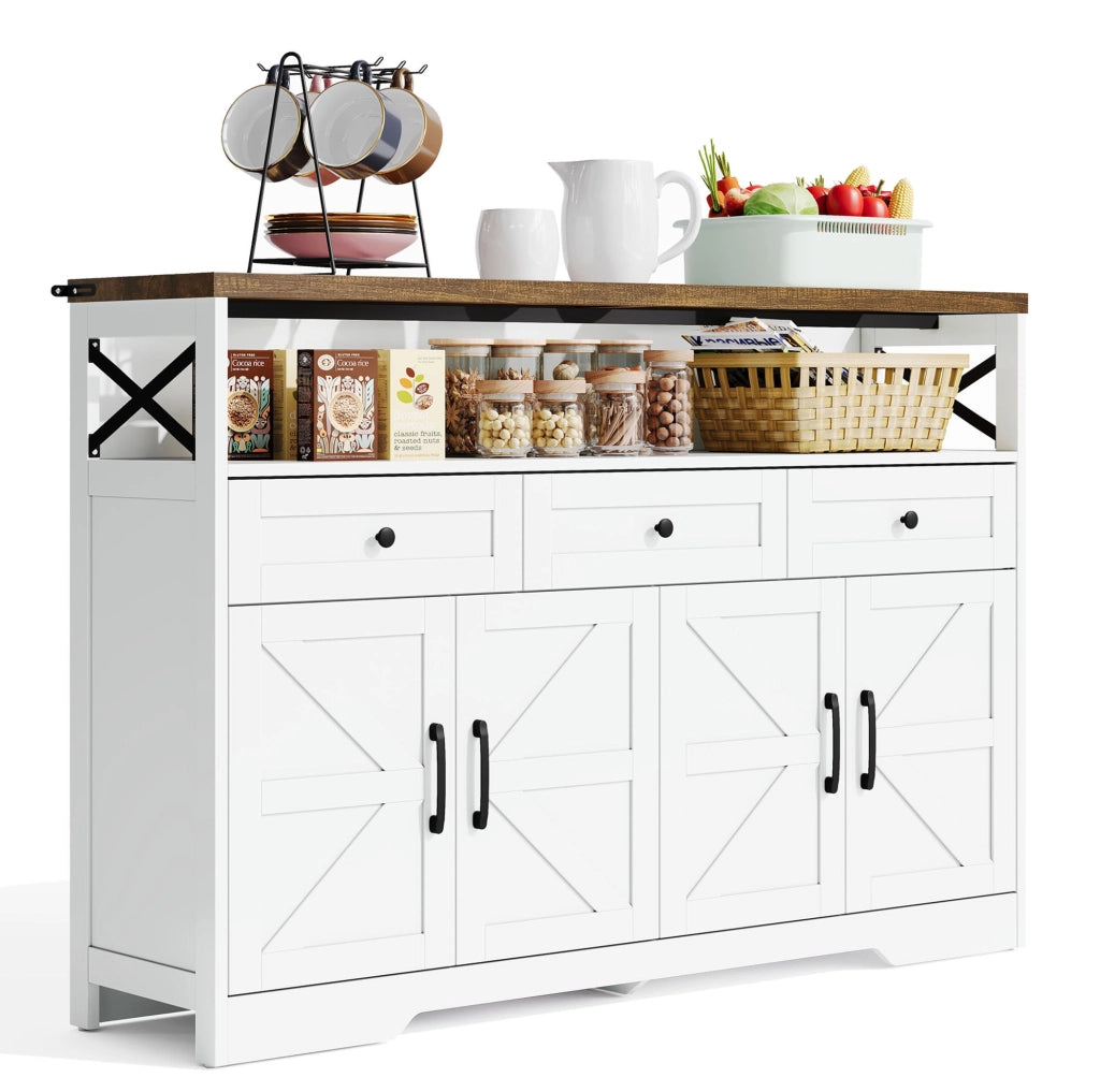 Buffet 140x35x95 cm con 3 cassetti; 2 ante e vano aperto; MDF bianco e marrone