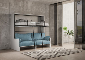 Letto Doppio A Scomparsa Kando Con Divano Con Materassi Bianco Frassino e Azzurro