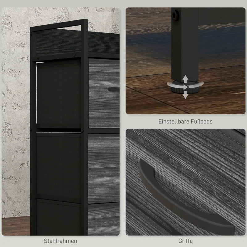 Mobile contenitore con 4 cassetti in tessuto, ripiano superiore, stile industriale, per soggiorno, nero, 60 × 29 × 85 cm