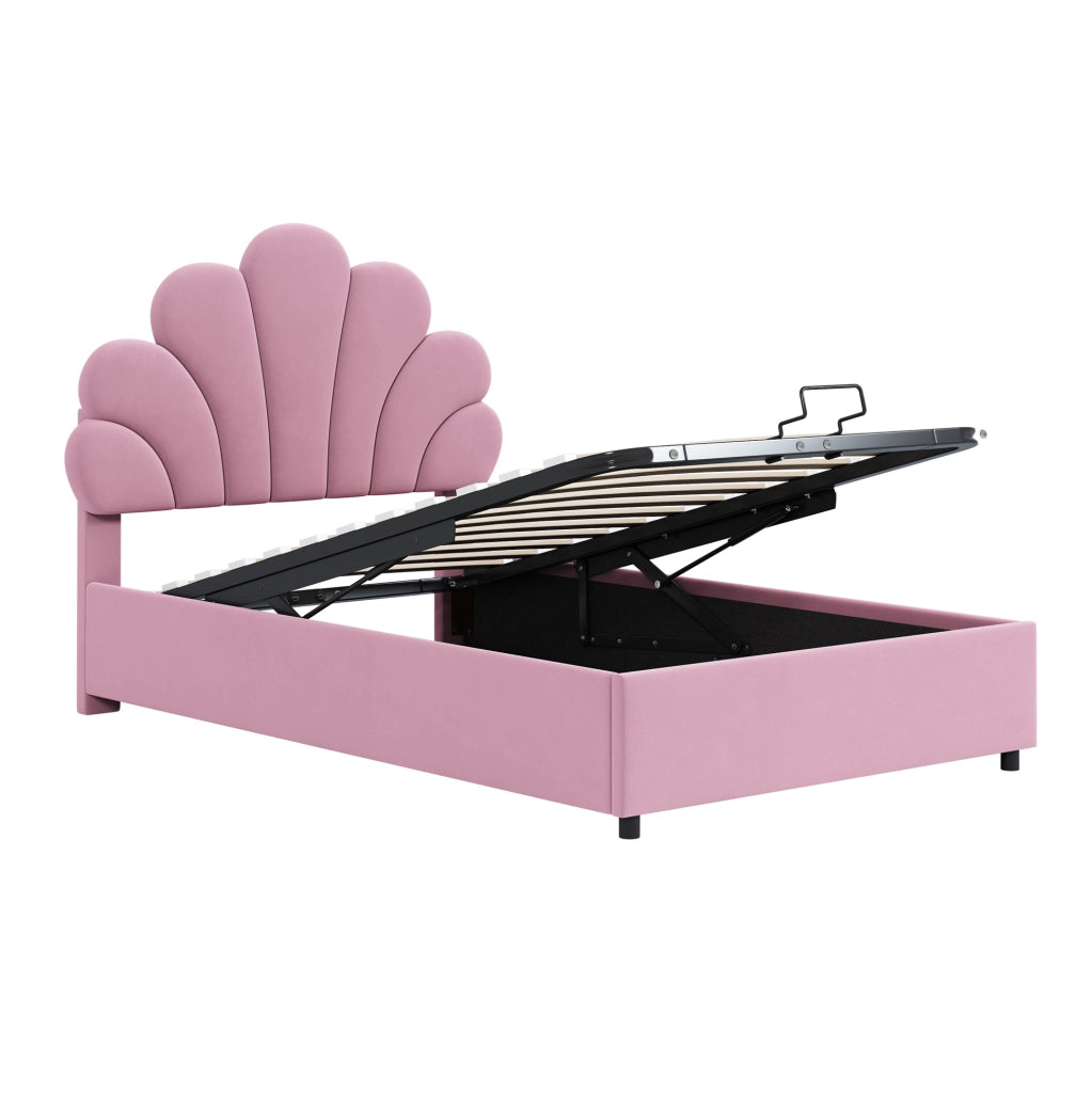 Letto imbottito 90x200 cm con contenitore idraulico e testiera floreale rosa