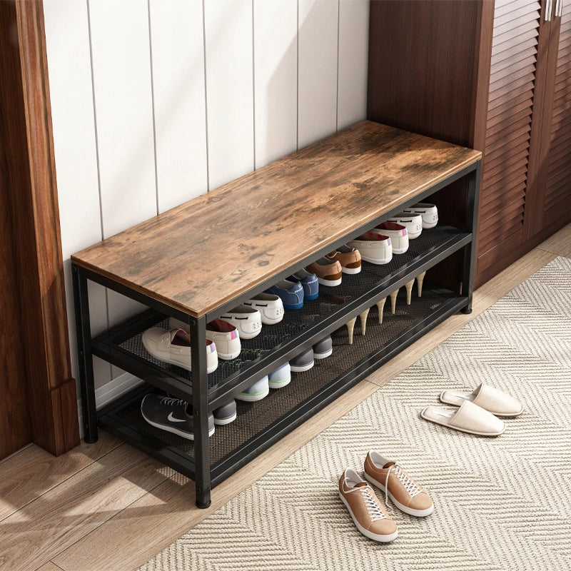 Scarpiera con seduta e ampio ripiano, stile loft industriale, effetto legno retrò