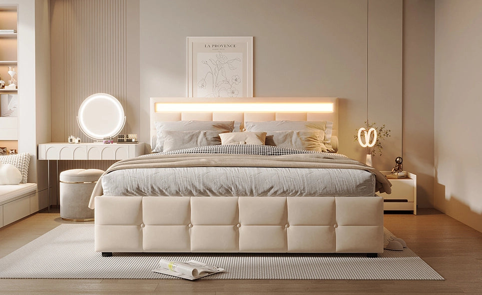 Letto imbottito 180x200 cm con contenitore idraulico e LED in velluto beige
