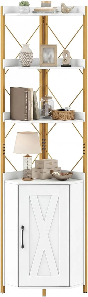 Libreria a 5 Ripiani, Mensola ad Angolo con Spazio di Archiviazione, Armadio ad Angolo con Paraspigoli Anticaduta, Autoportante, con 2 Kit Antiribaltamento, 38 x 38 x 180 cm (Bianco)