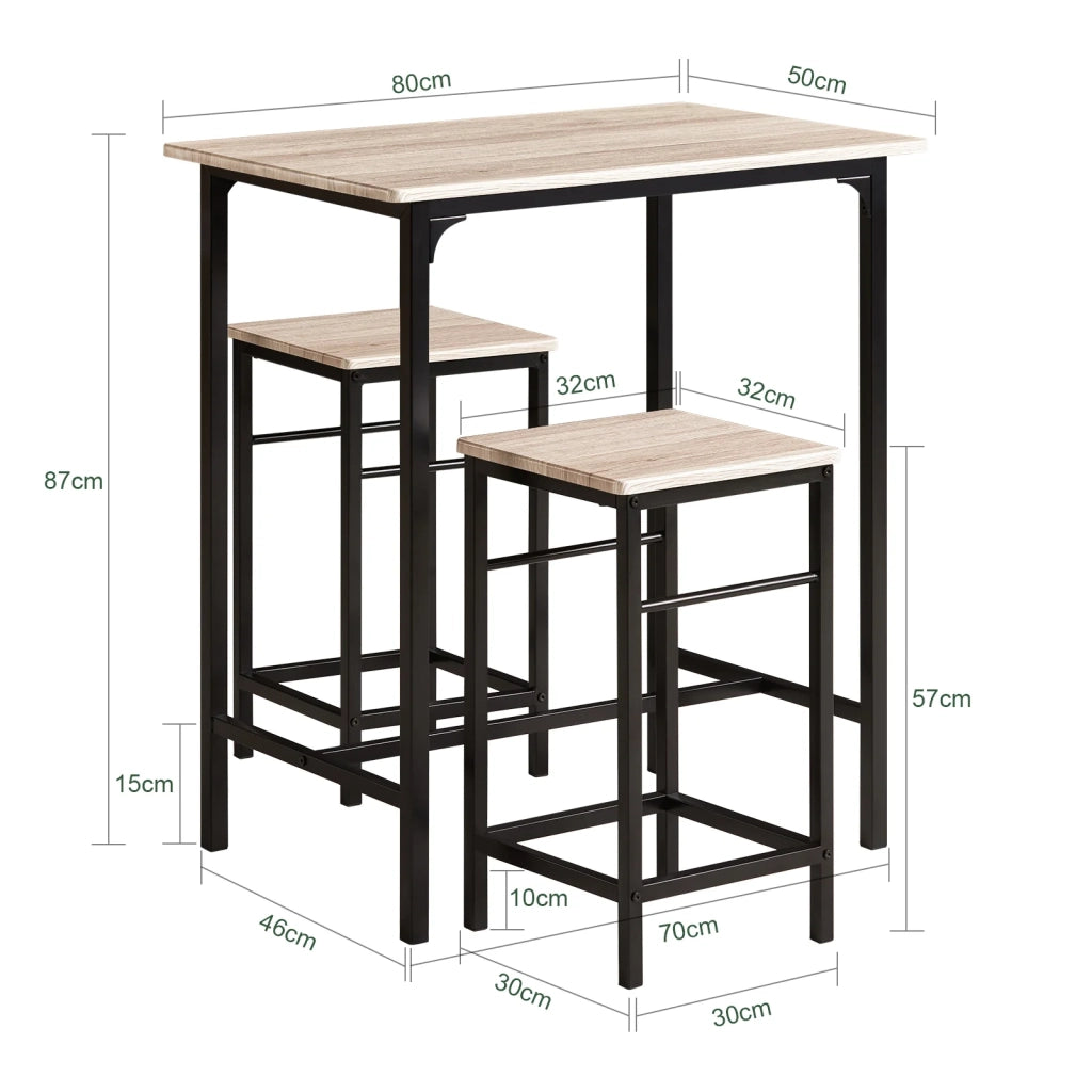 Set 3 Pezzi Tavolo con 2 sgabelli Mobile Bar per casa Stile Industriale Grigio, L80*P50*A88cm, Legno OGT10-N