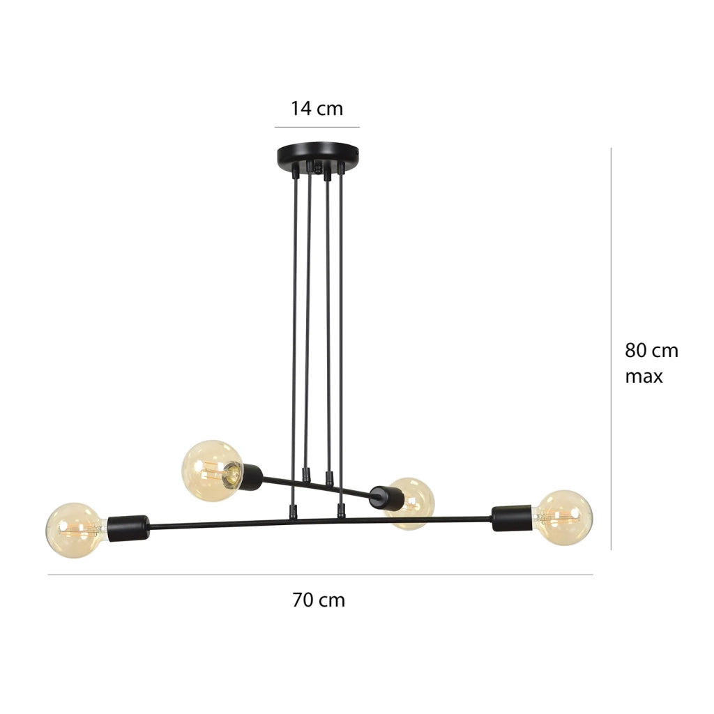 Lampadario Industrial 4 Luci Multiplo In Acciaio Nero A Bracci