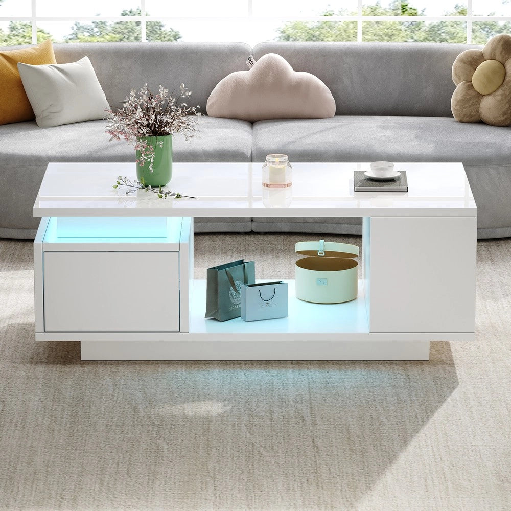 Tavolino da Caff¨¨ con Cassetto e LED ¨C MINIMAL ¨C Bianco Lucido, 100x50x36