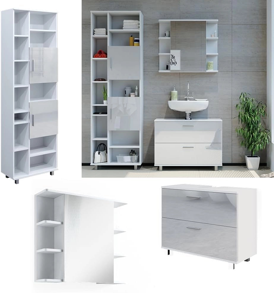 Set di mobili da bagno Ilias, Bianco lucido, 80.2 cm, composto da mobile sottolavabo, specchiera e colonna alta