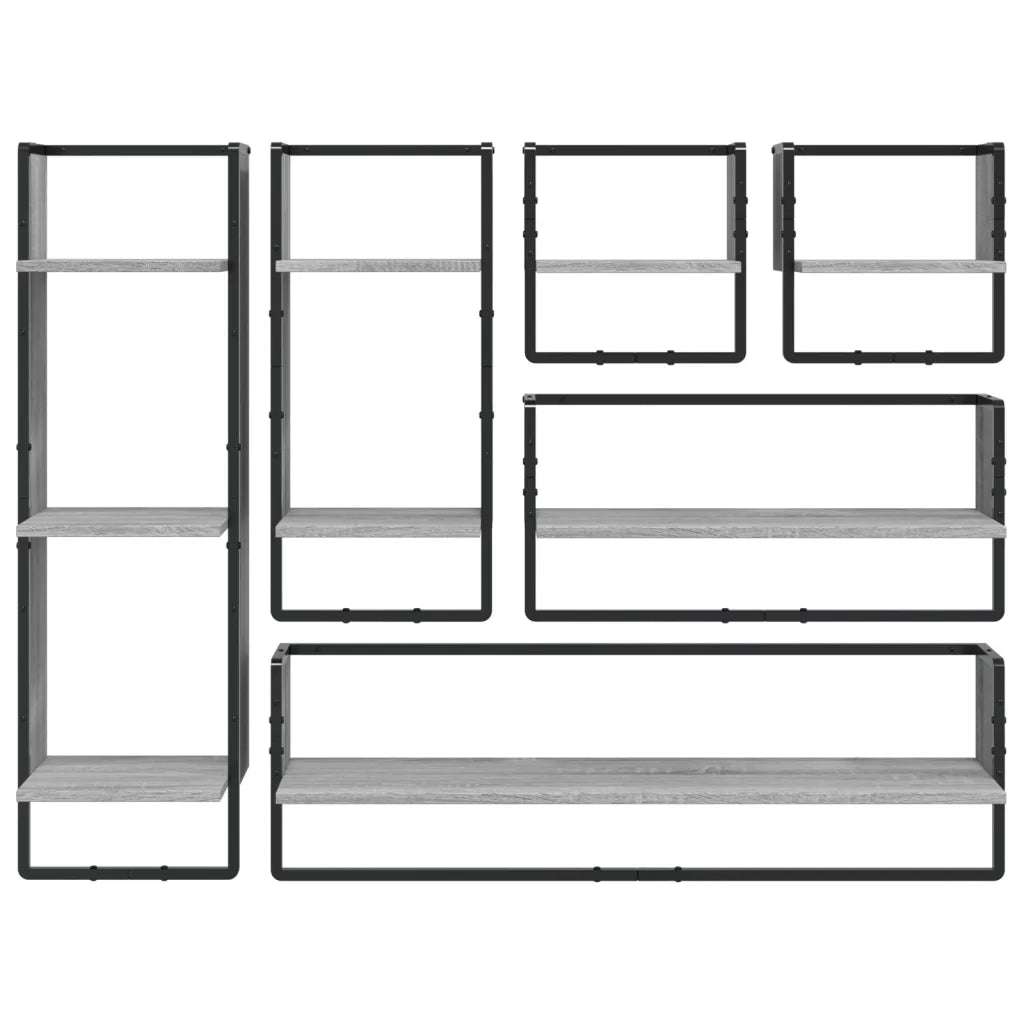 Set Mensole Parete con Aste 6pz Grigio Sonoma Legno Multistrato 836316