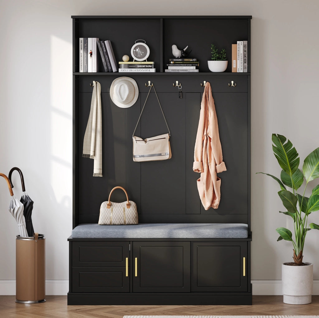 Appendiabiti da ingresso con panca e scarpiera, nero, 120×40×191 cm