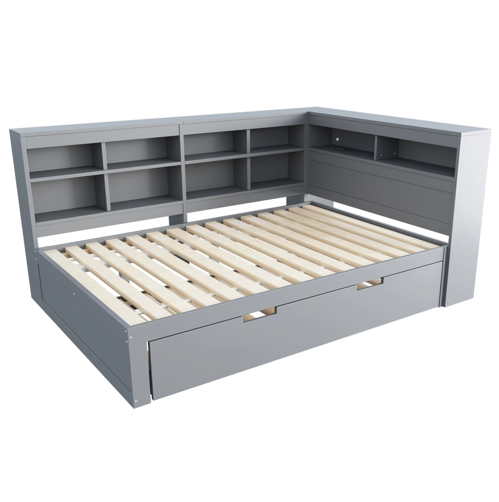 Letto 140x200 cm con USB e vani portaoggetti in legno grigio
