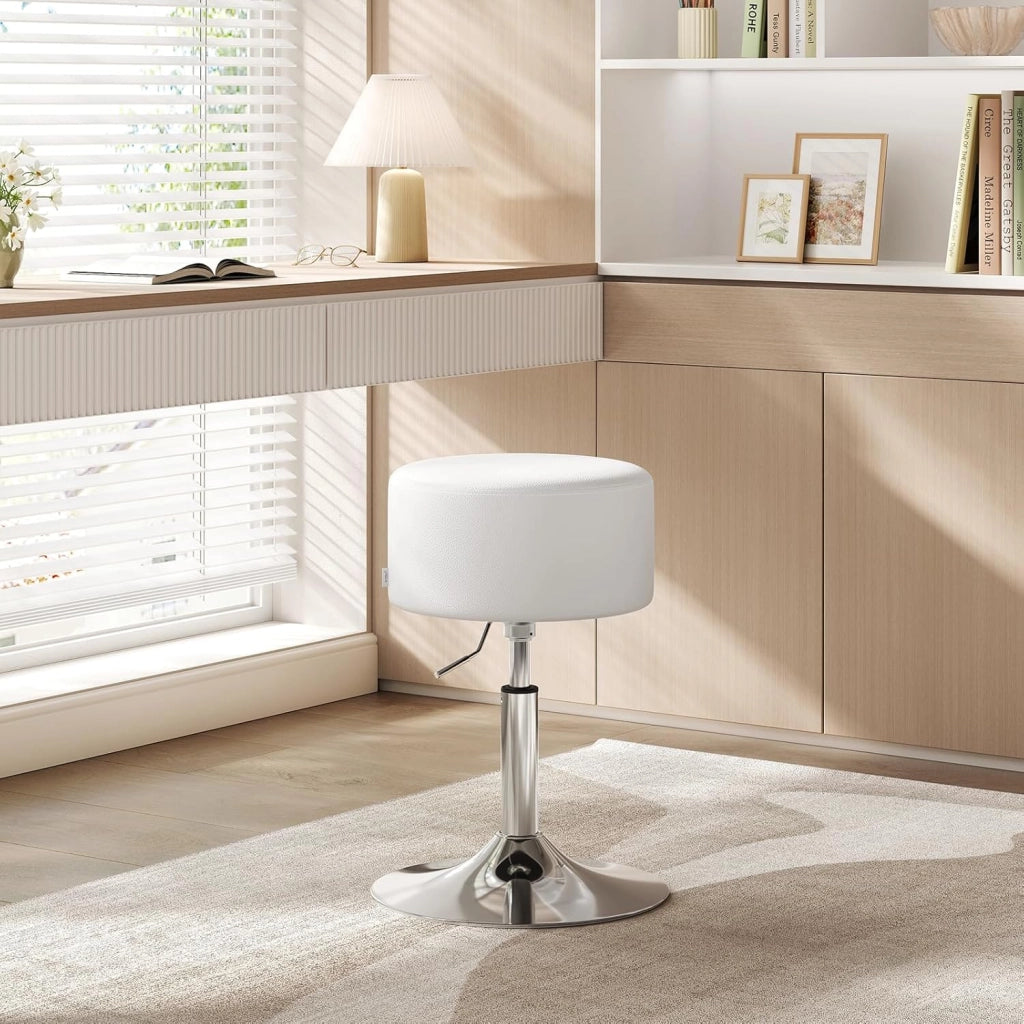 Sgabello da Trucco Rotondo Girevole Regolabile in Altezza, Sgabello Imbottito per Toeletta, Sedia da Cucina in Pelle Sintetica, Altezza Seduta 54-69 cm, Bianco, BH14ws-1