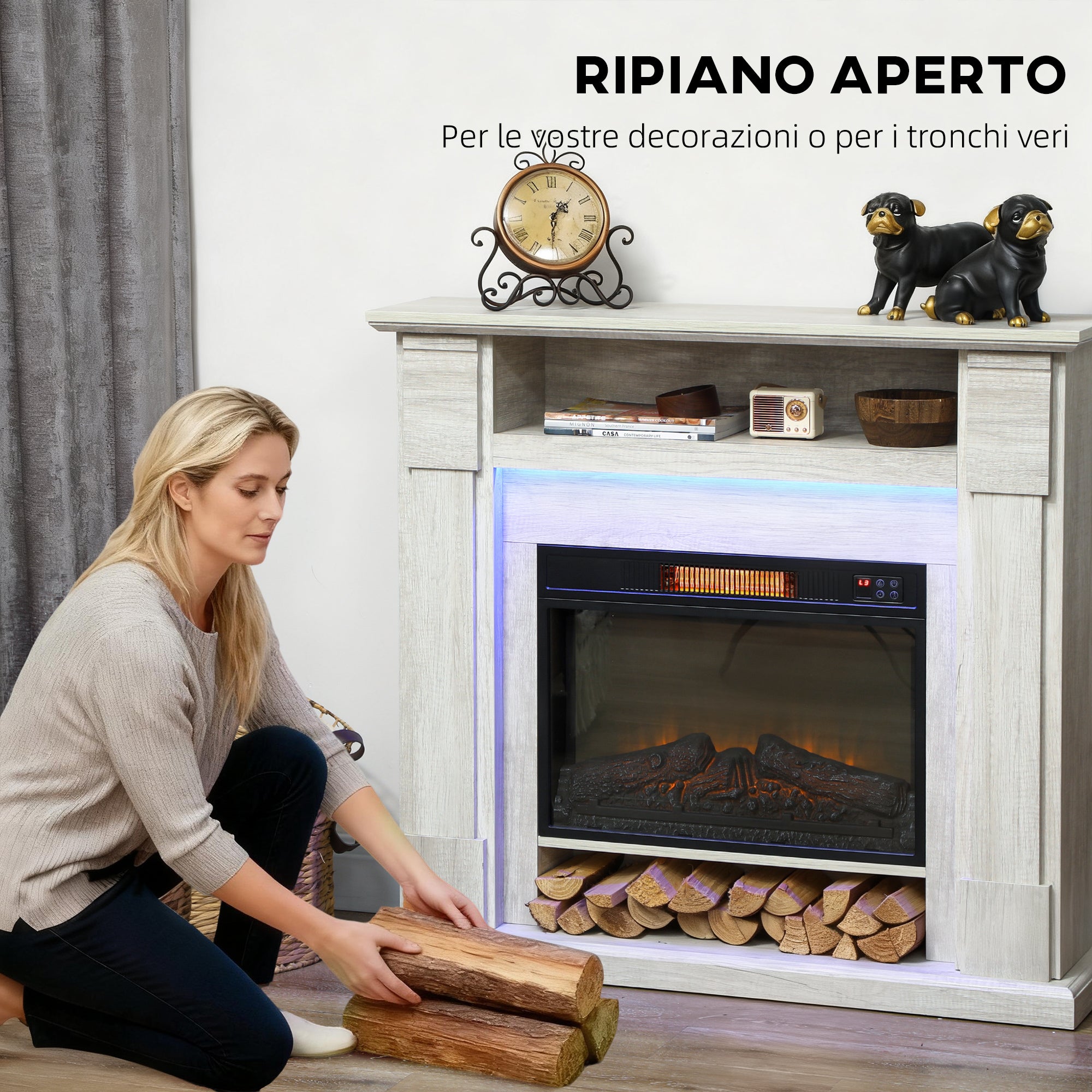 Camino Elettrico da Pavimento 105x27x97 cm 1800W Regolabile con Fiamma 3D Timer e Telecomando color Legno