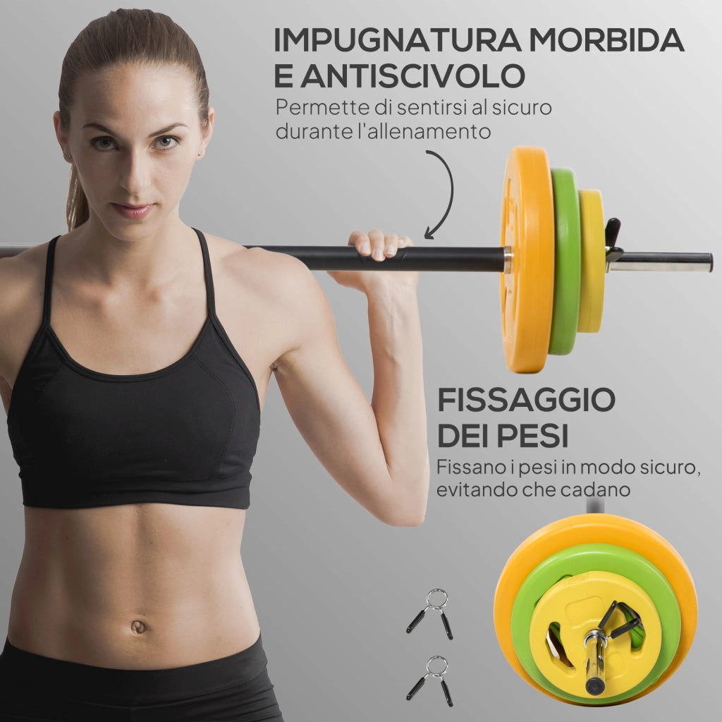 Set Bilanciere e Dischi da 20Kg Totali  6 Pesi 2 Clip di Fissaggio e Presa Antiscivolo in Metallo e PU Multicolore