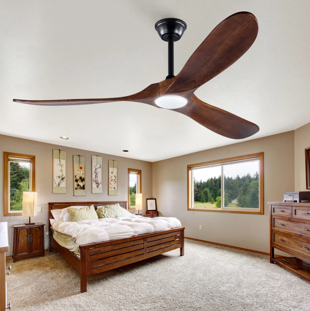Ventilatore da soffitto 60 pollici con LED dimmerabile e telecomando, legno massello noce e nero