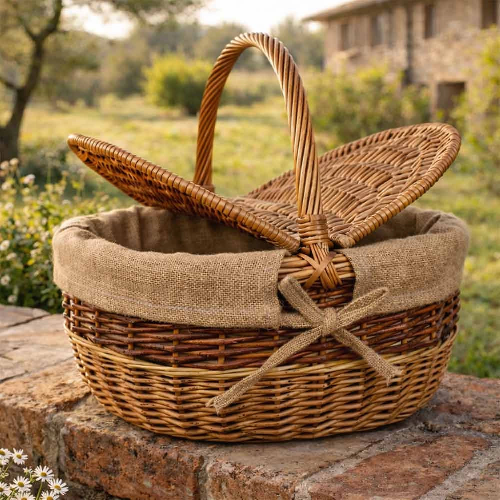 Cesto Ovale Clara picnic in Vimini e Juta con doppio coperchio cm 43 x 33 x h 43