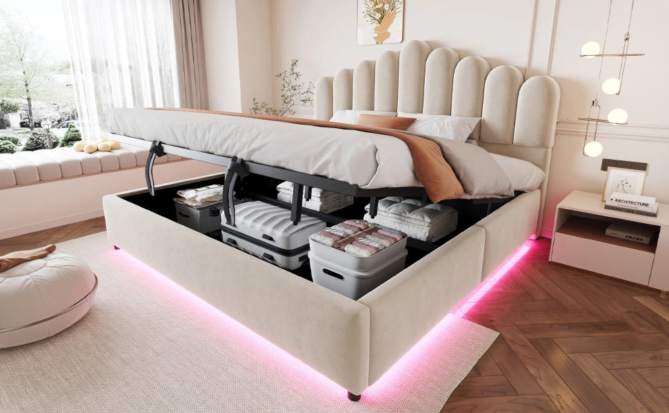 Letto imbottito 180x200 cm con contenitore idraulico, testiera trapuntata, LED e struttura in velluto beige