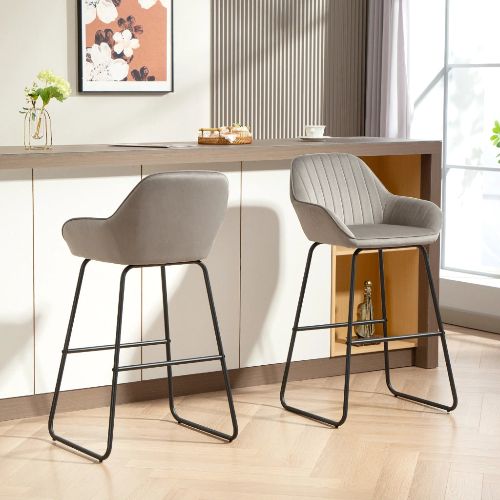 Set 2 Sedie da Bar ¨C Zephmum ¨C Grigio Tessuto Imbottite Gambe in Metallo