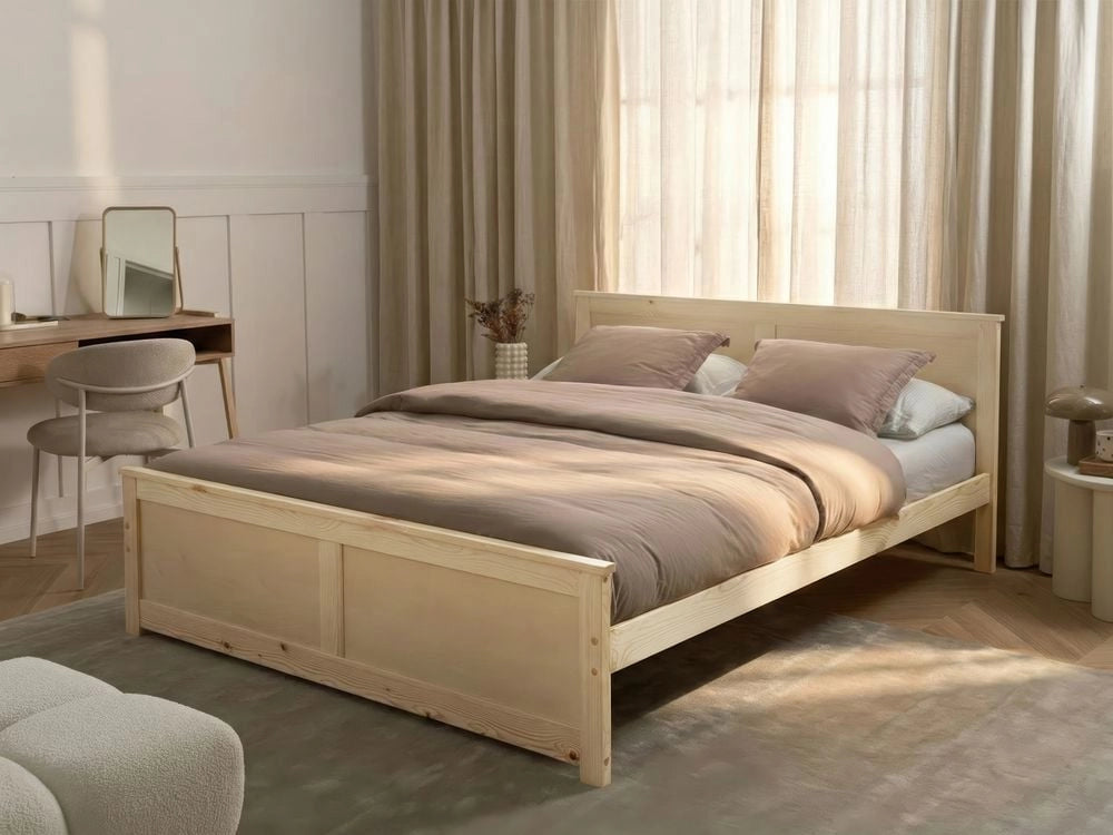 Letto matrimoniale in legno naturale marrone chiaro 160 x 200 cm con testiera in stile scandinavo