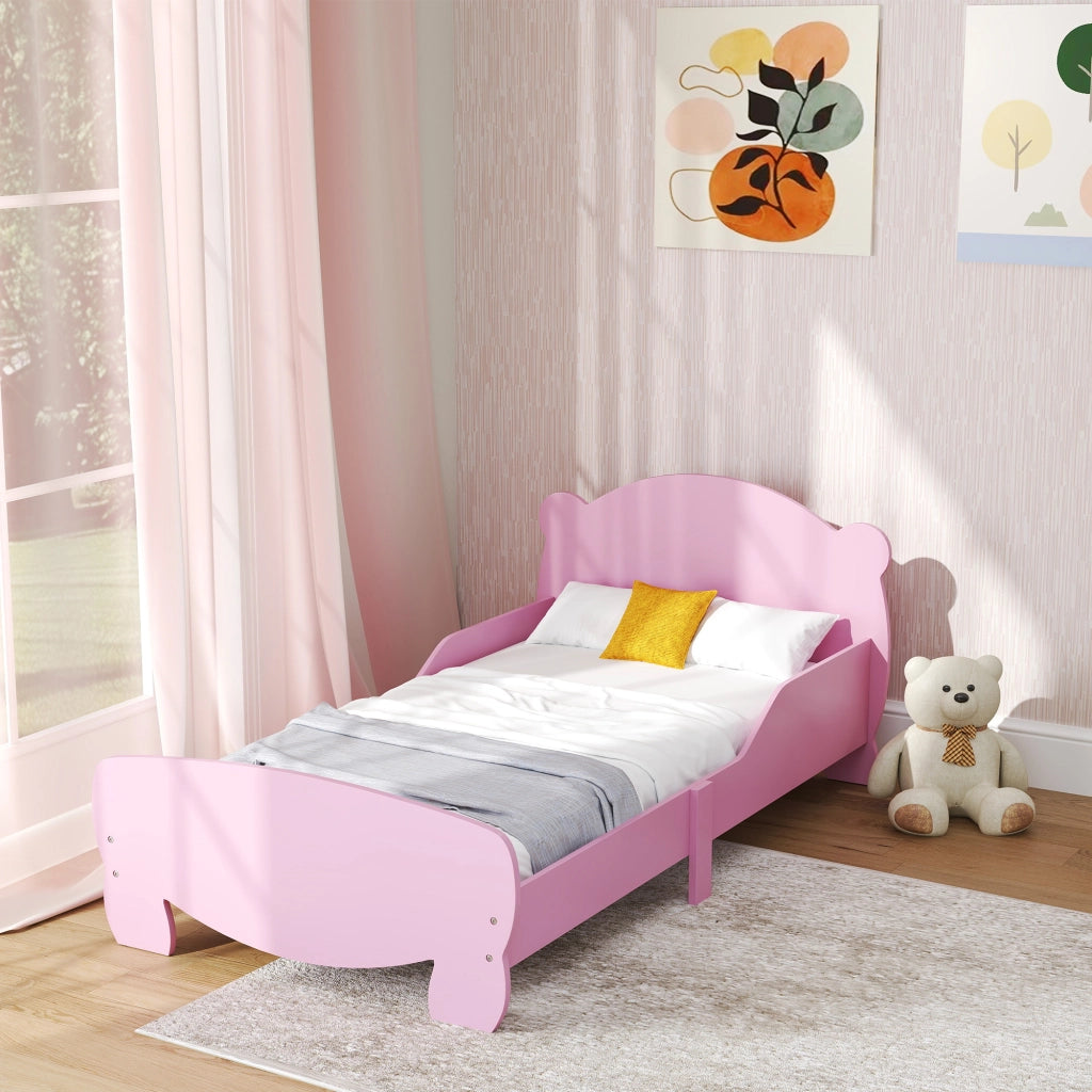 Letto Montessori per Bambini 3-6 Anni, 140x70 cm Lettino Singolo per Bambini con Sponde Anti-Caduta e Rete a Doghe a Forma di Orso in Legno per Cameretta, Rosa