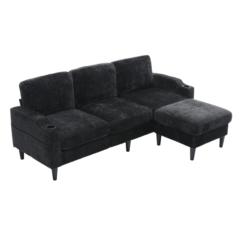 Divano 4 posti con pouf contenitore in chenille nero; porta-bevande e tasche laterali HOMVRA