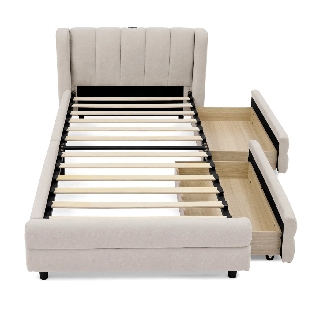 Letto singolo 90x200 cm con 2 cassetti; porte USB e Type-C; in tessuto Chenille beige