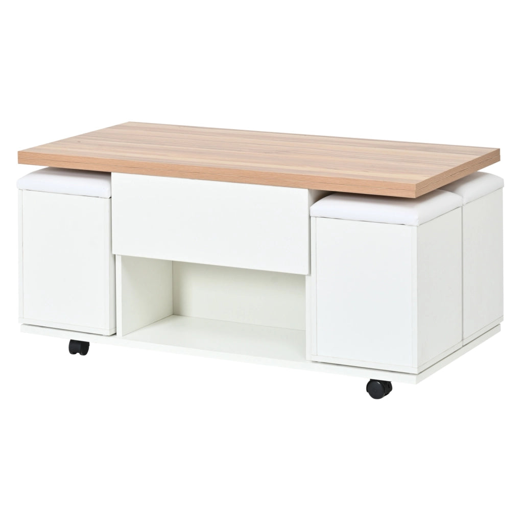 Tavolino da caffè 100x100x63.5 cm regolabile in altezza con contenitore; pannello di particelle bianco e naturale