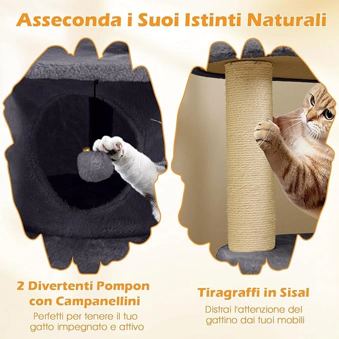 Albero per Gatti Adulti, Torre per Gatti Alta 101 cm con Condominio, Piattaforma Imbottita, Tiragraffi, Pallina di Peluche Pendente e Scala, Albero Tiragraffi in Legno per Interno (Grigio)