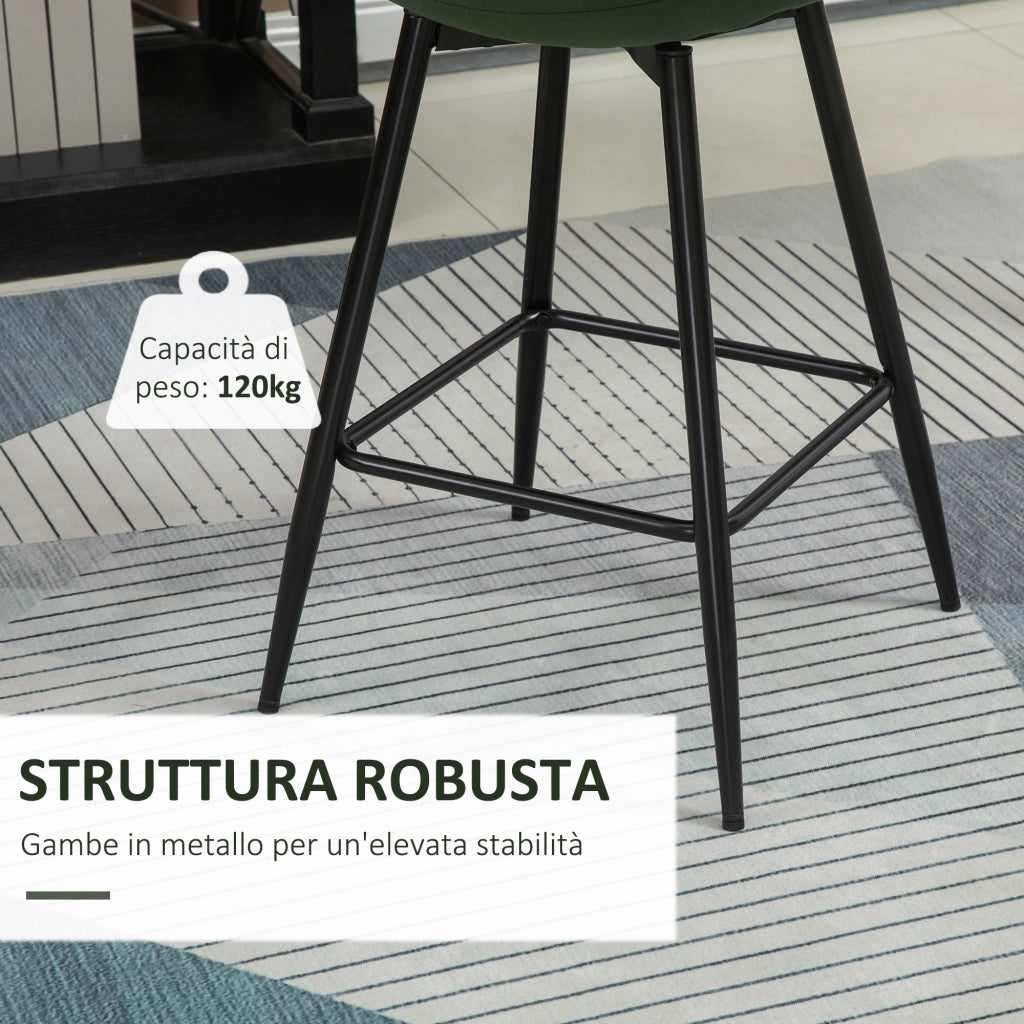 Set 2 Sgabelli da Bar con Schienale e Poggiapiedi Stile Nordico in Metallo e Velluto, Verde, 45x47x84cm