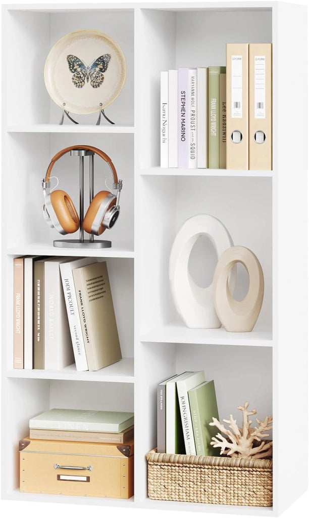 Libreria Bianca con 7 Scomparti a Giorno, Scaffale Moderno in Legno, Mobile Porta Libri Portaoggetti, Salvaspazio, per Ufficio, Studio, Salotto 59,5x29,5x108cm, SK004ws
