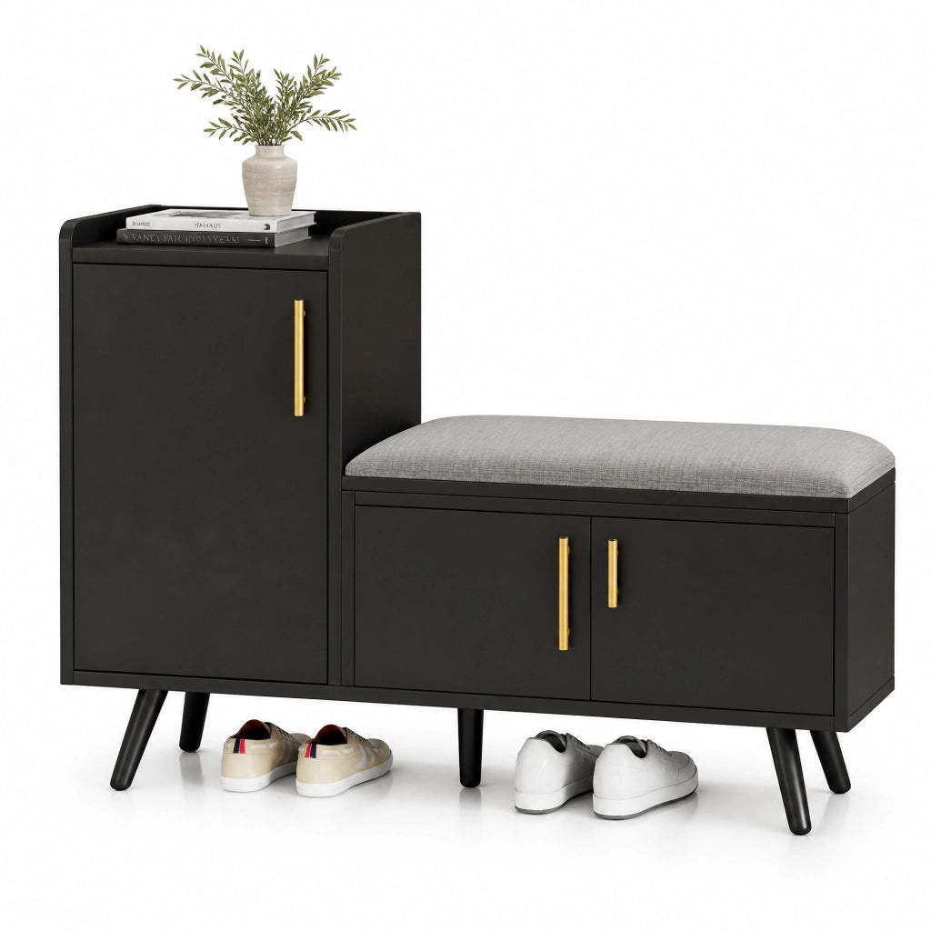Panca scarpiera con seduta imbottita nera 100x34x68,5 cm in truciolare con ripiani regolabili e 3 ante