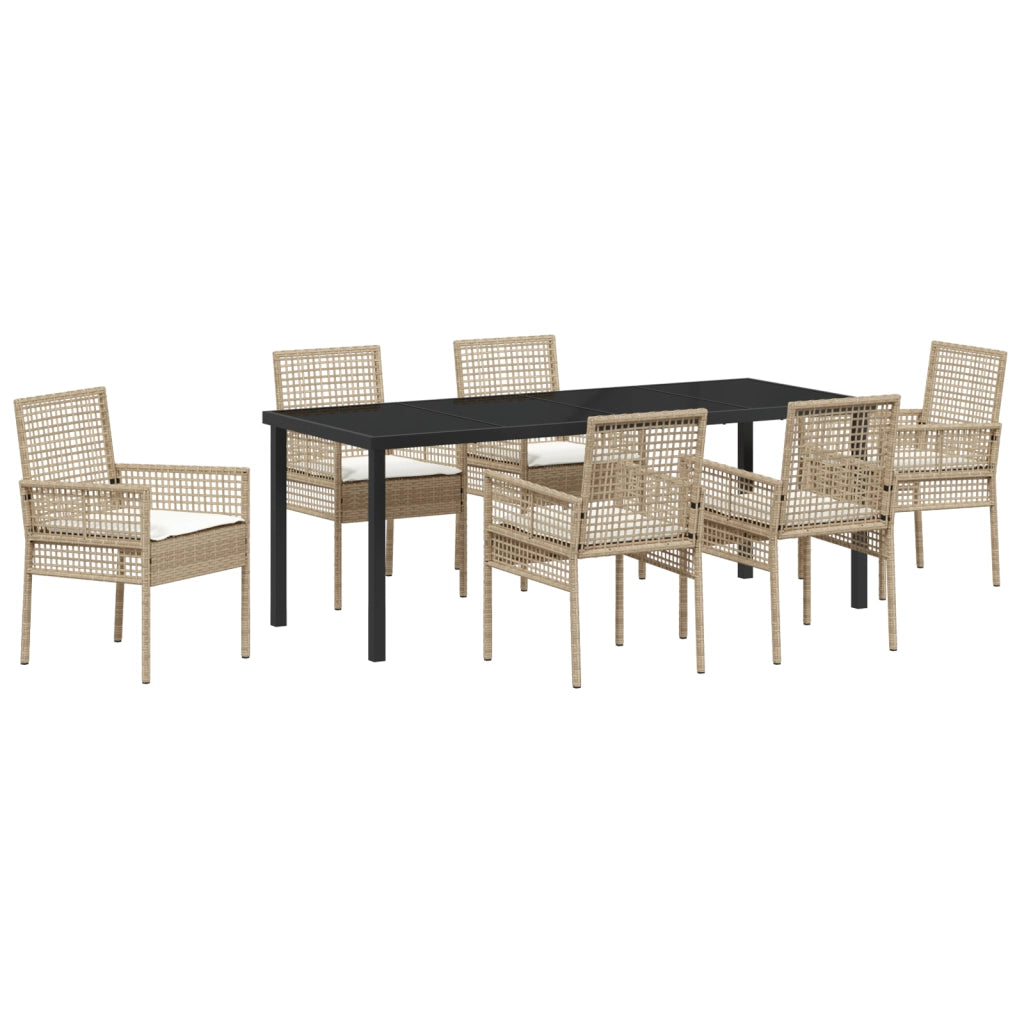 Set da Pranzo Giardino 7 Pezzi con Cuscini Beige Poly Rattan