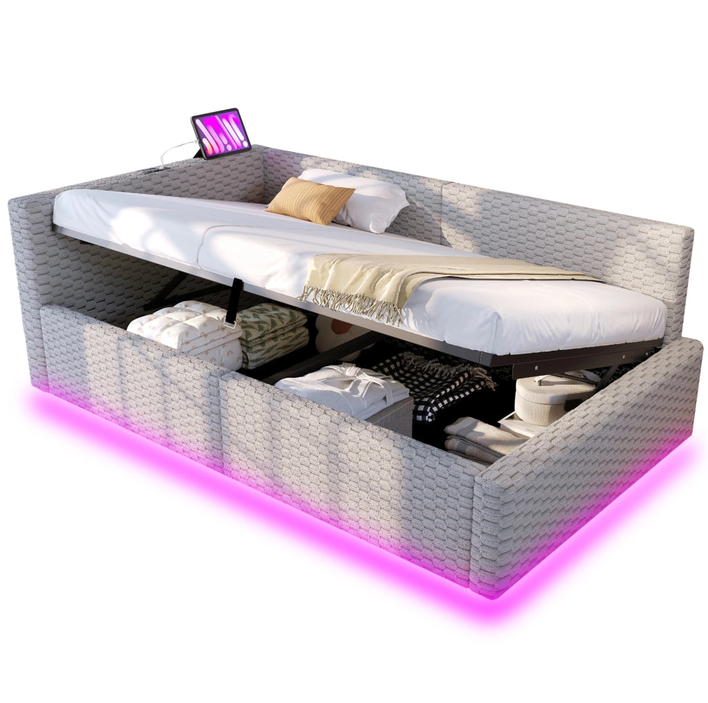 Letto imbottito multifunzione 90x200 cm in velluto grigio con contenitore; LED e porte USB