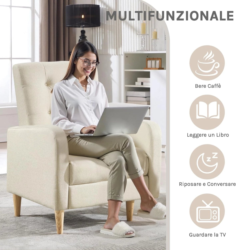 Poltrona da Salotto, Poltrona Relax con Schienale Alto, Sedia di Relax con Pieno Legno Massello Piedi, Seduta Imbottita, Rivestimento in Lino, per Salotto, Ufficio, Beige, SKS41be