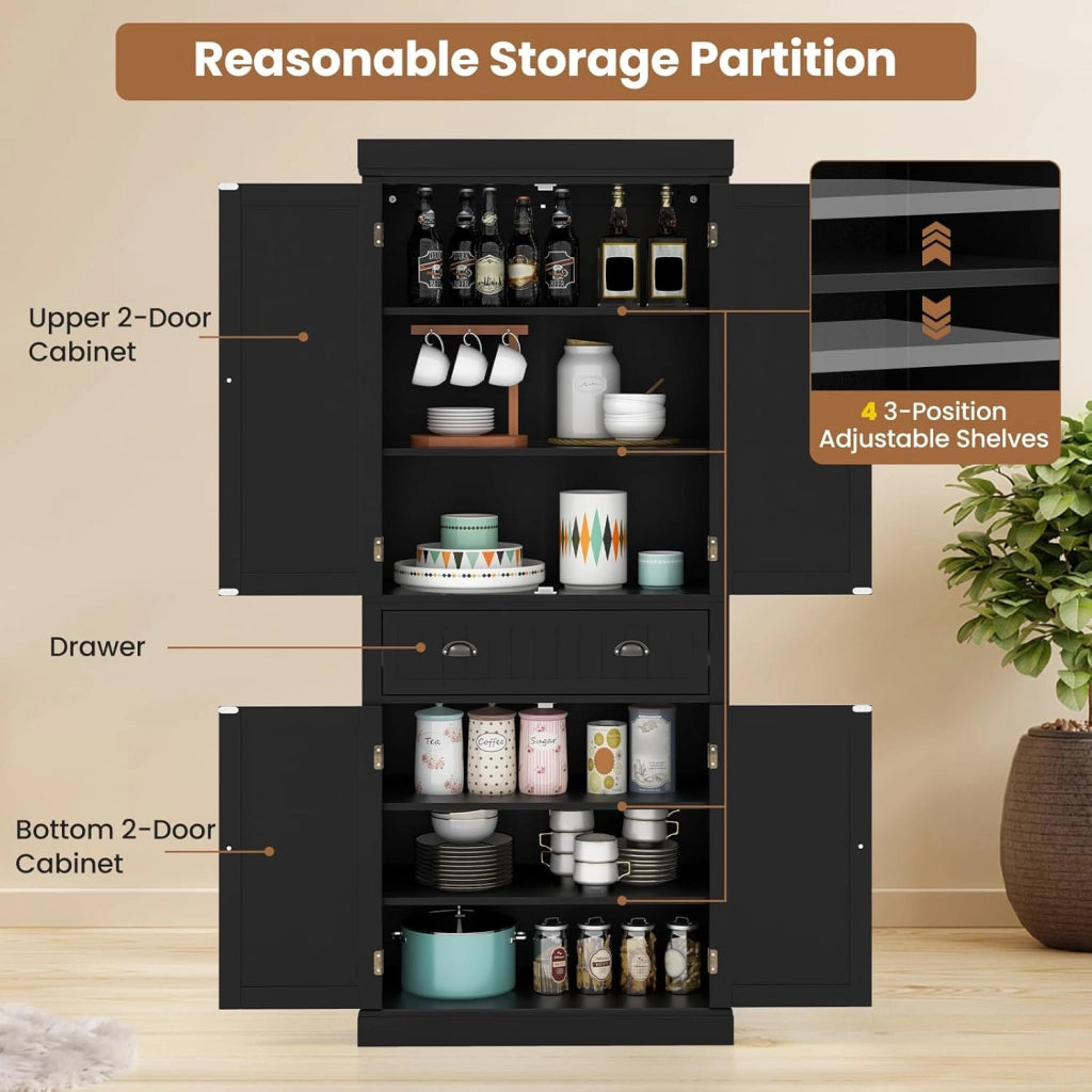 Credenza Alta da Cucina 183,5 cm, Armadio Alto a Buffet in Legno, Mobile Cucina Dispensa con Ripiani Regolabili e Cassetto, per Soggiorno, Sala da Pranzo, 76 x 40 x 183 cm (Nero)