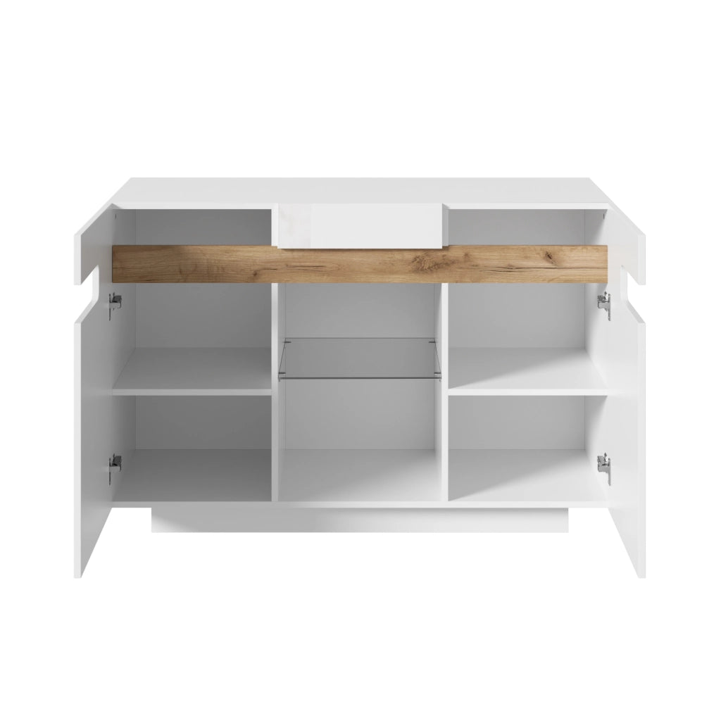 Credenza moderna con LED, fronti lucide, 120 ¡Á 40 ¡Á 80 cm, bianco e effetto legno naturale