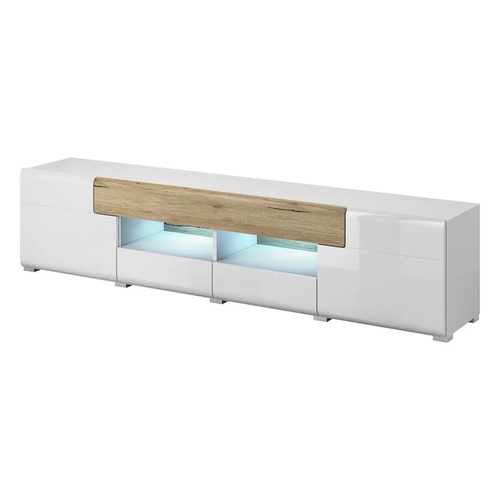 Mobile TV 210cm collezione OHIO con LED integrato. Colore bianco e finiture in rovere.