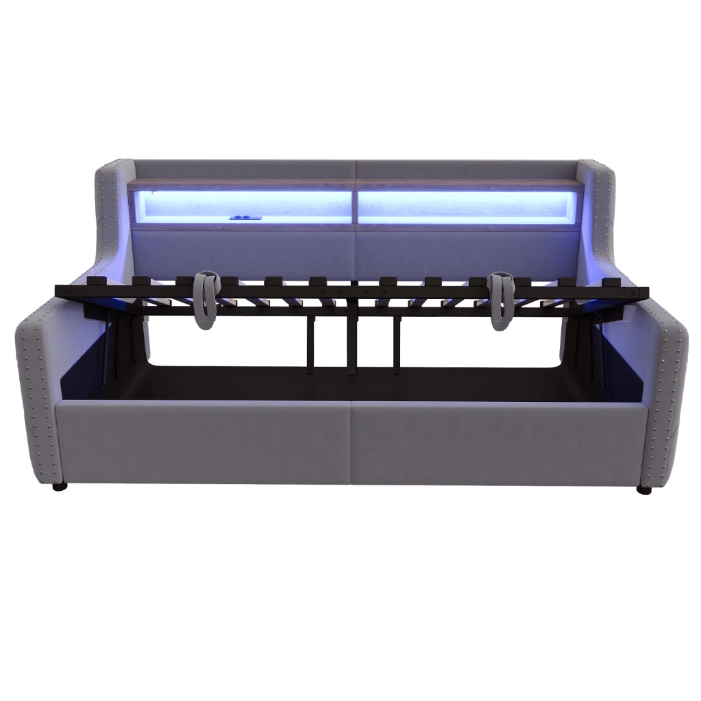 Divano letto imbottito 90x200 cm con contenitore, LED, prese USB/Type-C