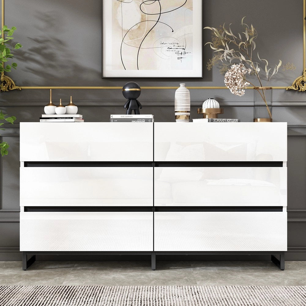 Credenza da Soggiorno con 6 Cassetti e 3 Gambe in Metallo ¨C MINIMAL ¨C Bianco/Nero Lucido 140x39x78