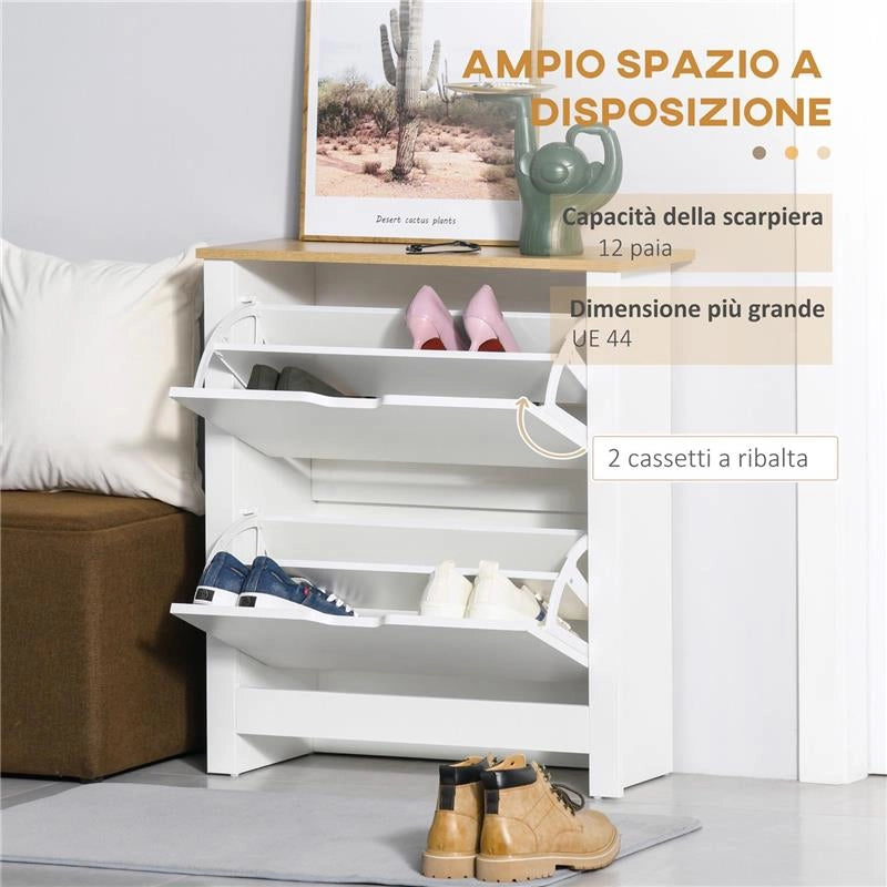 SCARPIERA MODERNA PER 12 PAIA MAX CON 2 CASSETTI REGOLABILI E RIMOVIBILI IN LEGNO 72X26X80 CM BIANCO