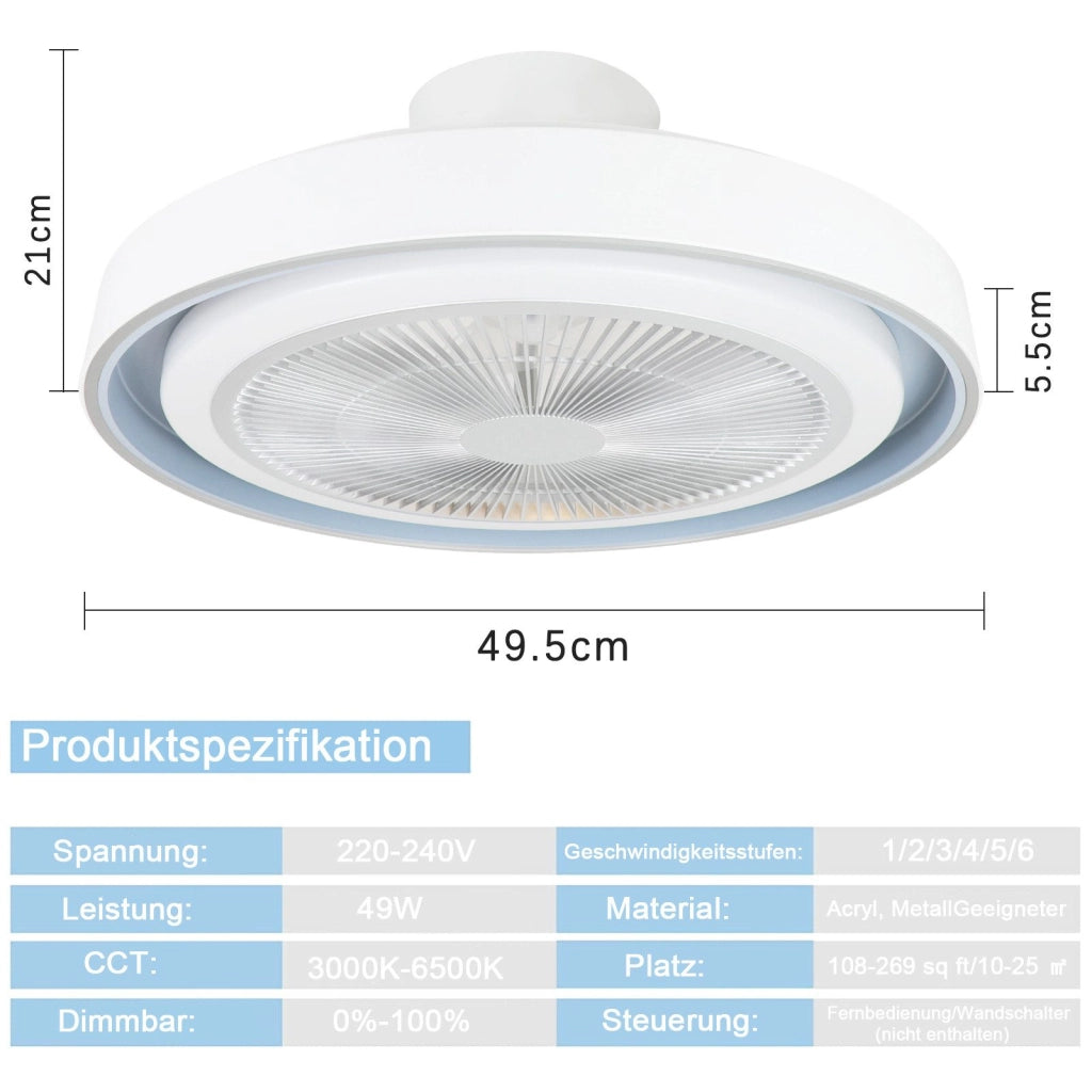 ZMH Ventilatore a Soffitto con Luce LED Regolabile e Telecomando 5 Pale Moderno Blu Timer Silenzioso per Soggiorno