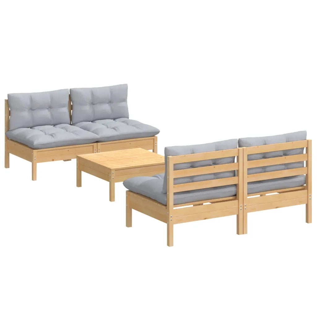Set Divani da Giardino 5 pz con Cuscini Grigi Massello di Pino 3096003