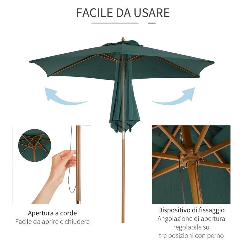 OMBRELLONE DA GIARDINO IN LEGNO E POLIESTERE 2.5 X 2.3 M VERDE