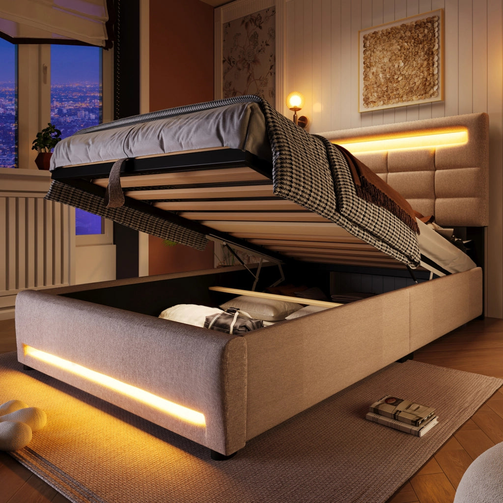 Letto imbottito 90x200 cm con LED APP, USB e contenitore idraulico
