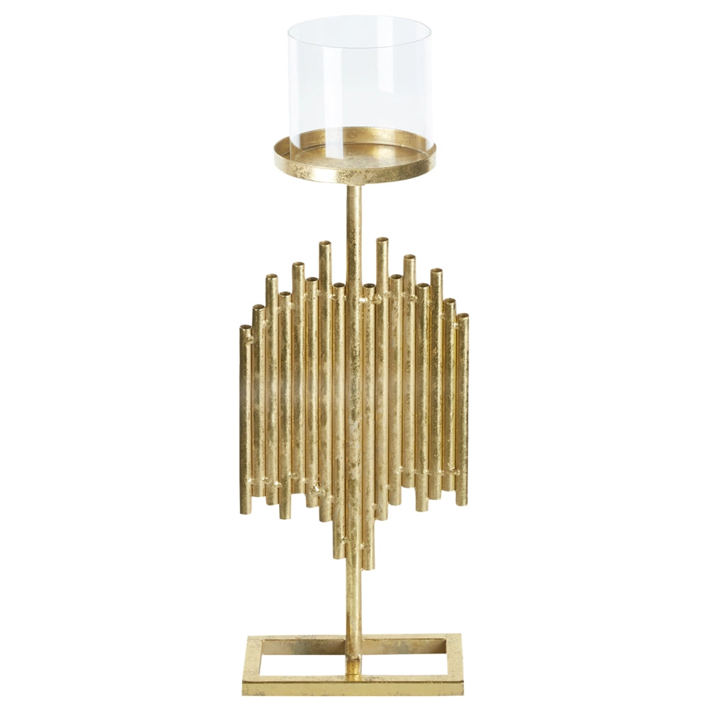 Portacandele moderno in metallo e vetro color oro 53 cm ideale per interno ed esterno
